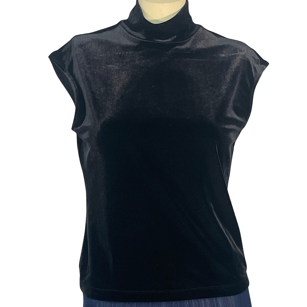 The Limited Sz M Mock Neck Pullover Top Blouse Cap Sleeves Black Stretch Velvet